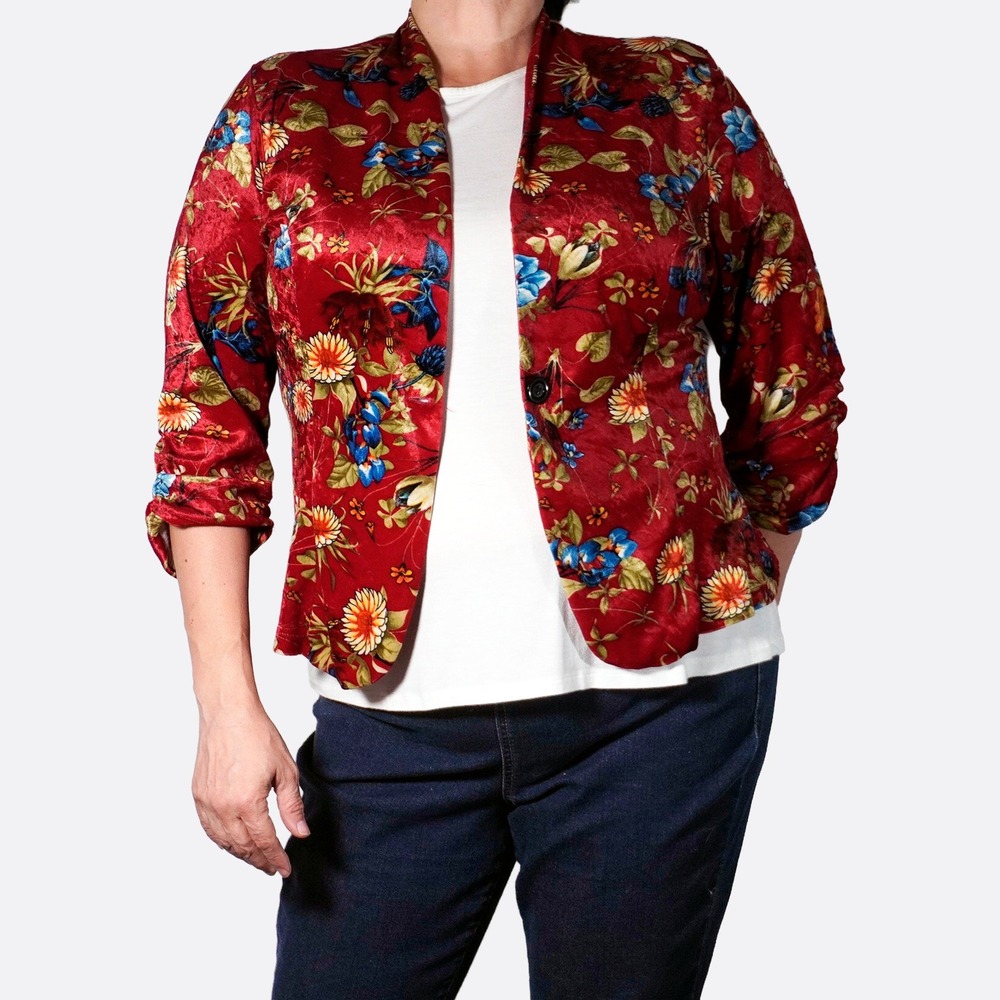 Slimming Cinched Velvet Blazer Plus 1X XL‎ Red Blue Floral Jacket Dark Romance